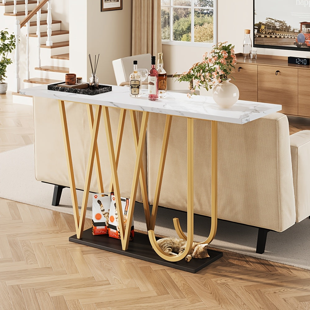 Smalle Eettafel – Smalle Tafel – Eetkamertafel – Keukentafel – Balkon Tafel – Marmerlook Tafelblad – Lettervormige Poten – Compact Design – Stevig & Stijlvol