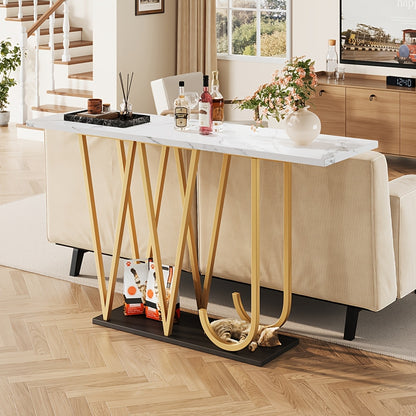 Smalle Eettafel – Smalle Tafel – Eetkamertafel – Keukentafel – Balkon Tafel – Marmerlook Tafelblad – Lettervormige Poten – Compact Design – Stevig & Stijlvol