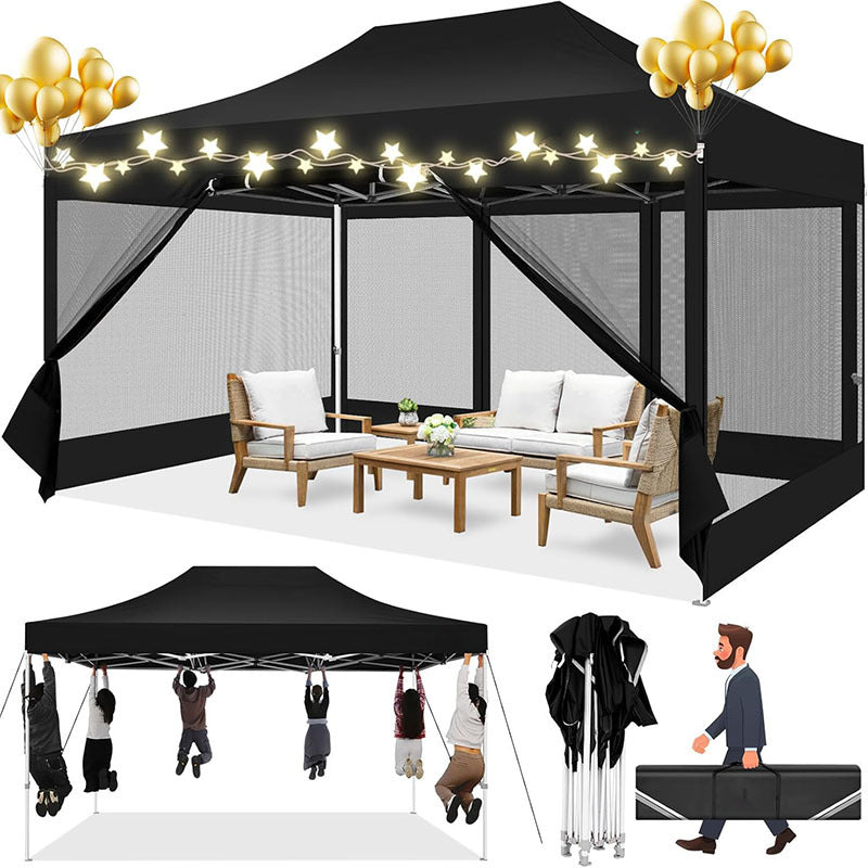 Pop-up Tent – Campingtent – Partytent – Tuinent – Evenemententent – Zwart – 3,05x4,57 Meter – Afneembare Mesh Zijwanden
