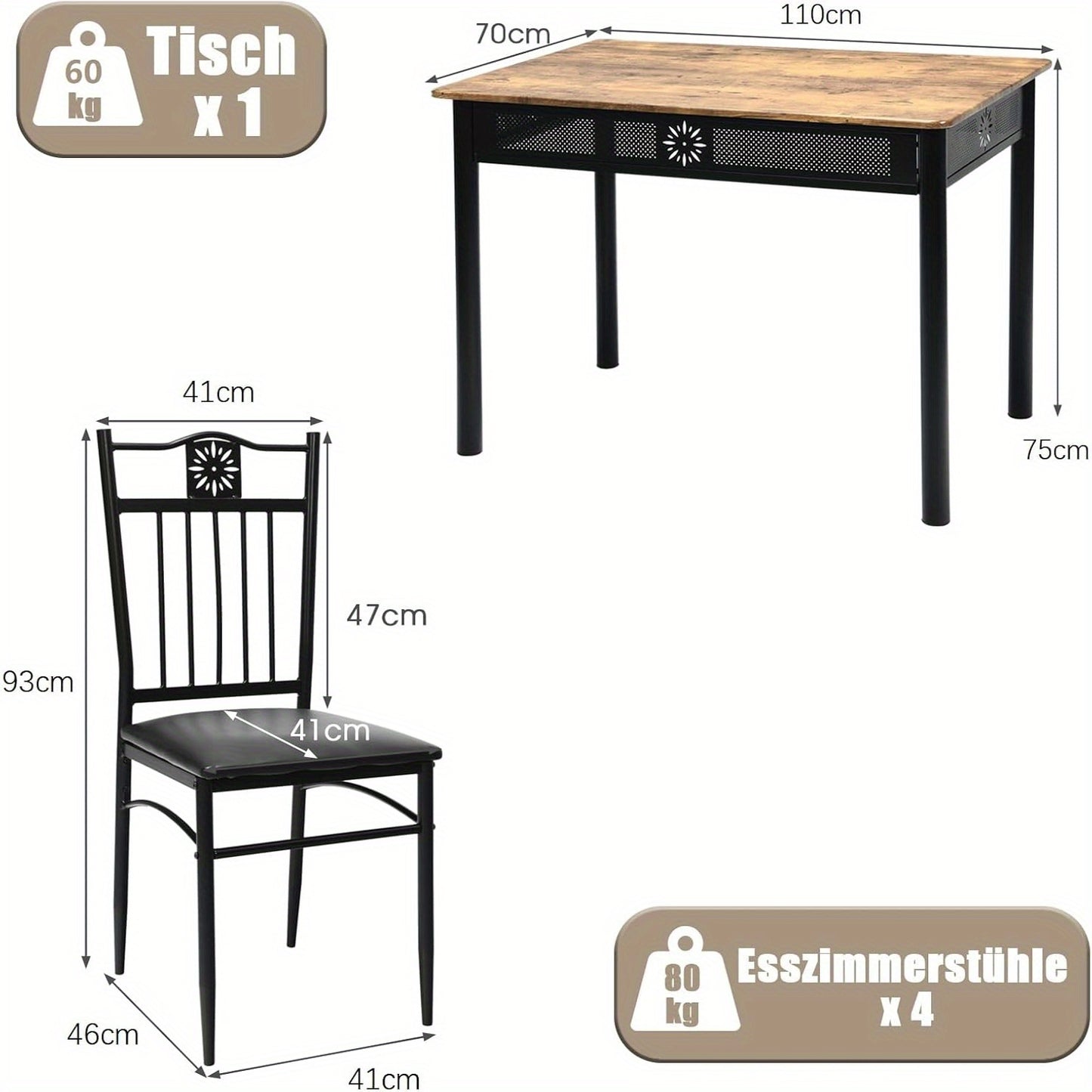 Eettafelset – Eettafel met Stoelen – Tafel En Stoelset – 4 Persoons Eettafel – Zwarte Eetkamer Set – Compact 107 cm Tafel – Comfortabele Foam Stoelen