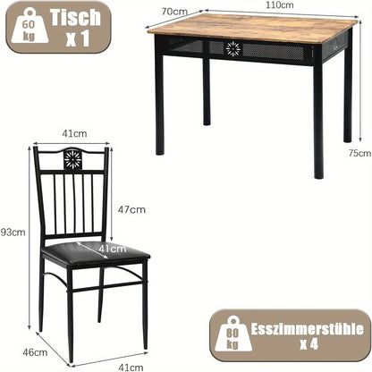 Eettafelset – Eettafel met Stoelen – Tafel En Stoelset – 4 Persoons Eettafel – Zwarte Eetkamer Set – Compact 107 cm Tafel – Comfortabele Foam Stoelen