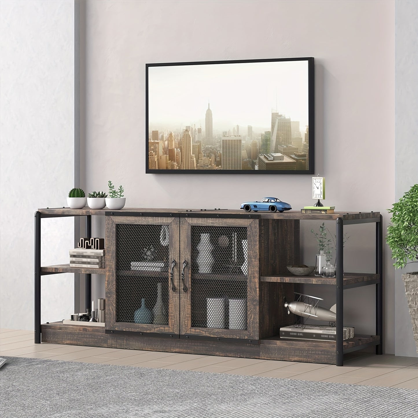 Heavy-Duty TV Stand for 65+ Inch TVs - Farmhouse Industrial Media Console with Storage Cabinet, Mesh Doors - Rustic Oak Entertainment Center - Sturdy Hardwood Construction - Living Room Furniture for Modern, Farmhouse, Apartm