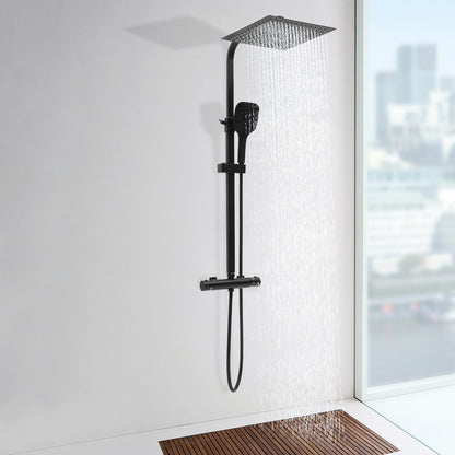 TOOL1SHOOO Black Shower System 3-Mode Handheld Shower Head 360° Rotatable Overhead Shower Head Thermostatic Control Adjustable Track Height Spring Hose 149.35 cm Modern Bathroom