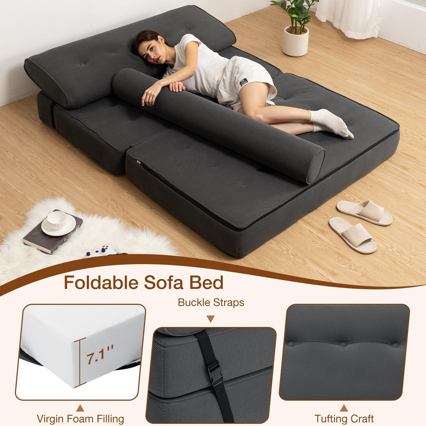 Vouwbank – Slaapbank – Sofa Bed – Bedbank – Slaapstoel – Wit Twin – Corduroy Fluwelen Bekleding – 18 cm Dikke Sponsvulling