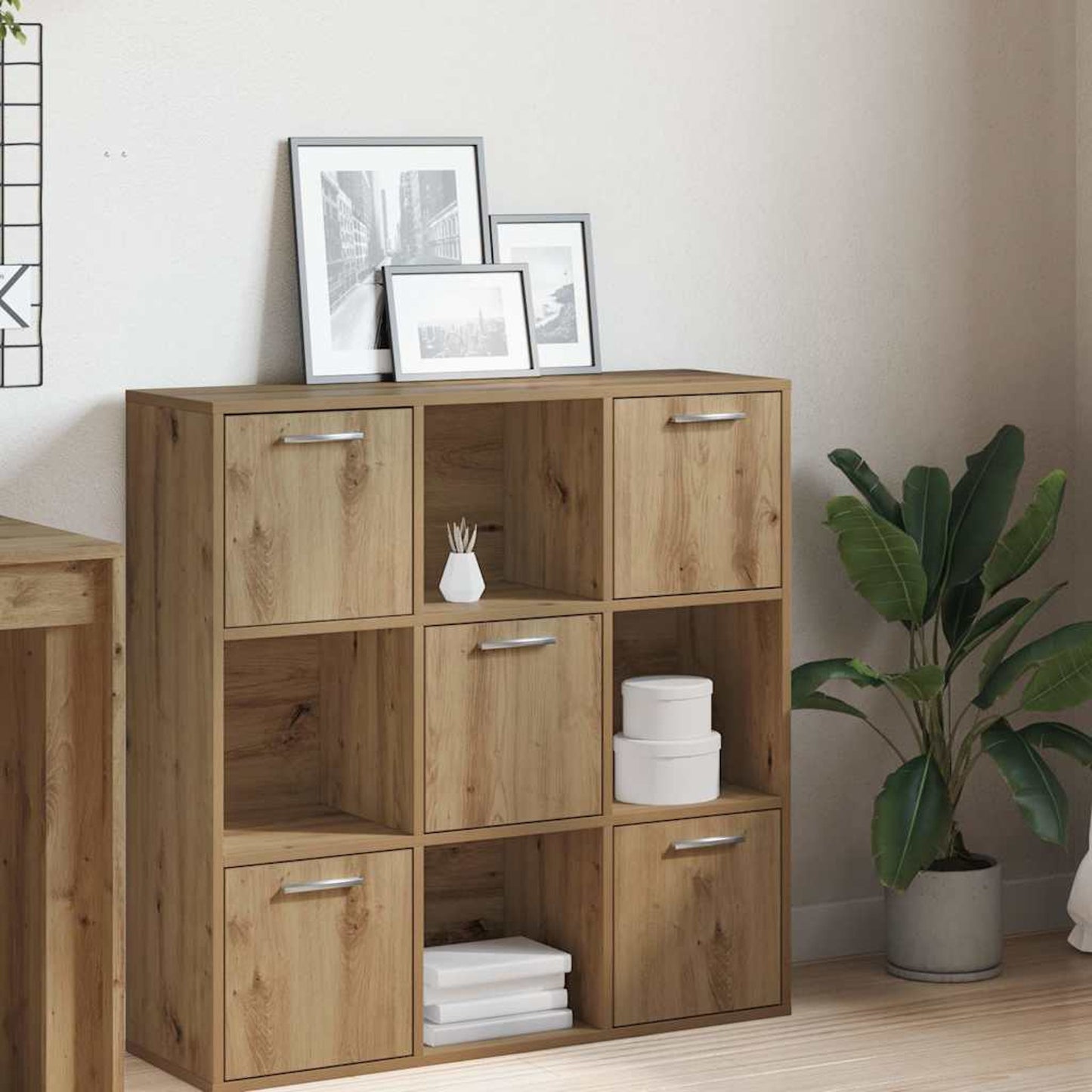 Boekenkast – Opbergkast – Vitrinekast – Wandkast – Kast met Deuren – Modern Design – Licht Eiken Fineer – 90x28x90 cm – 9 Vakjes – Vrijstaand – Stabiel & Duurzaam