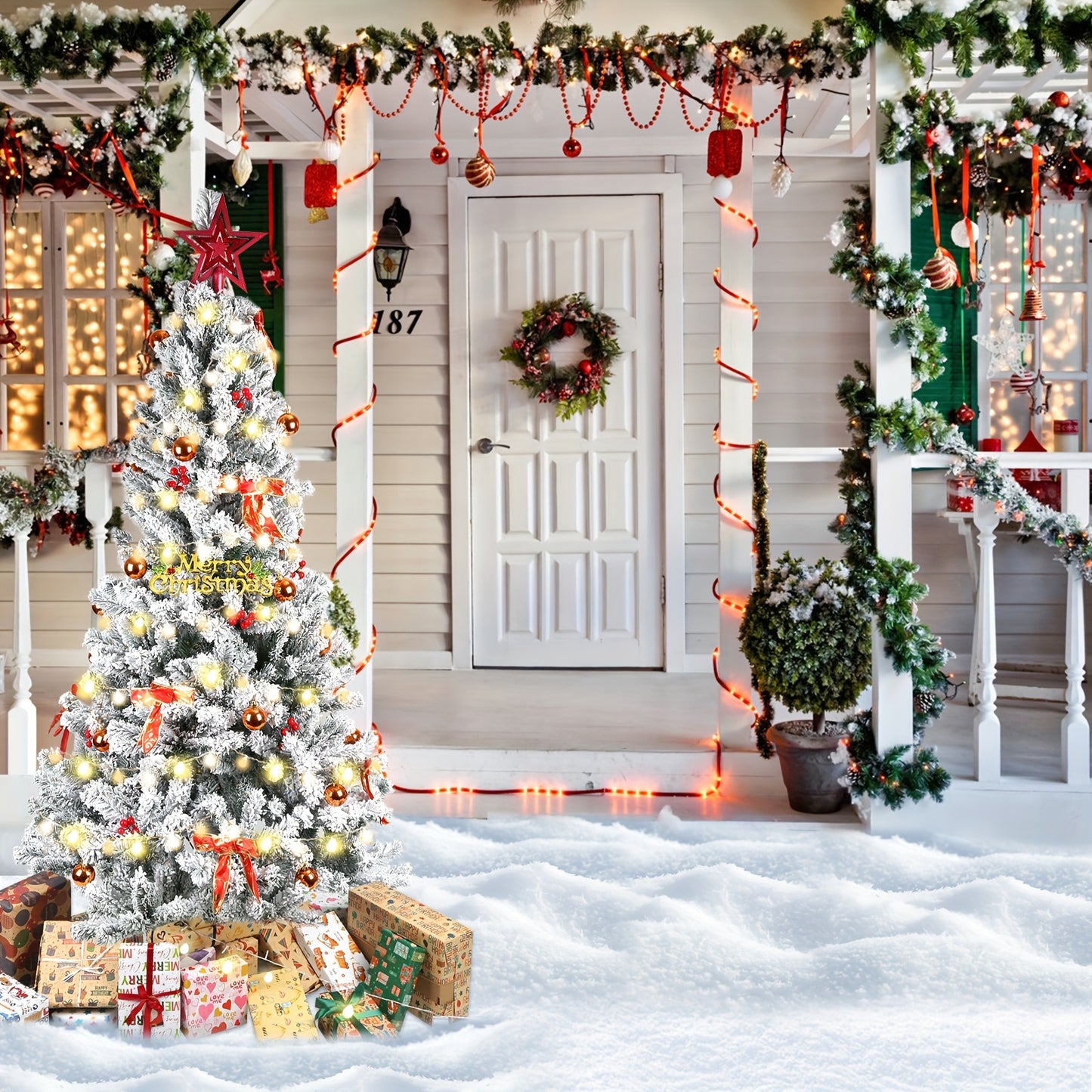 Kunstkerstboom – Nepboom – Valse Kerstboom – Flock Kerstboom – Hinged Kerstboom – 150 cm Hoog – Inclusief Versieringen – Met Sneeuwlaag – Stevige Metalen Standaard – Geschikt Voor Binnen En Buiten
