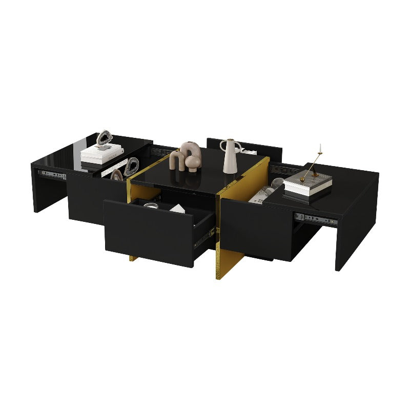Zwart Salontafel – Koffietafel – Accenttafel – Opbergtafel – Woonkamertafel – Hoogglans Design – 4 Laden – Geen Montage – Compact 100x50x35 cm – Gouden Frame
