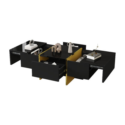 Zwart Salontafel – Koffietafel – Accenttafel – Opbergtafel – Woonkamertafel – Hoogglans Design – 4 Laden – Geen Montage – Compact 100x50x35 cm – Gouden Frame