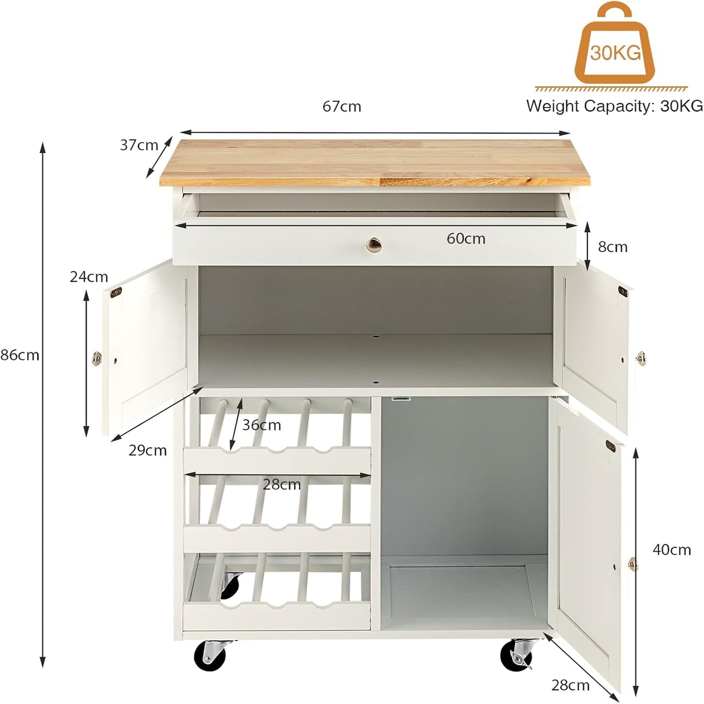 Keukentrolley – Keukenwagen – Serveerwagen – Opbergwagen – Keukenkar – Rubbenhouten frame – 67x37x87 cm – 4 Wielen met Remmen – Inclusief Lade en Wijnrek