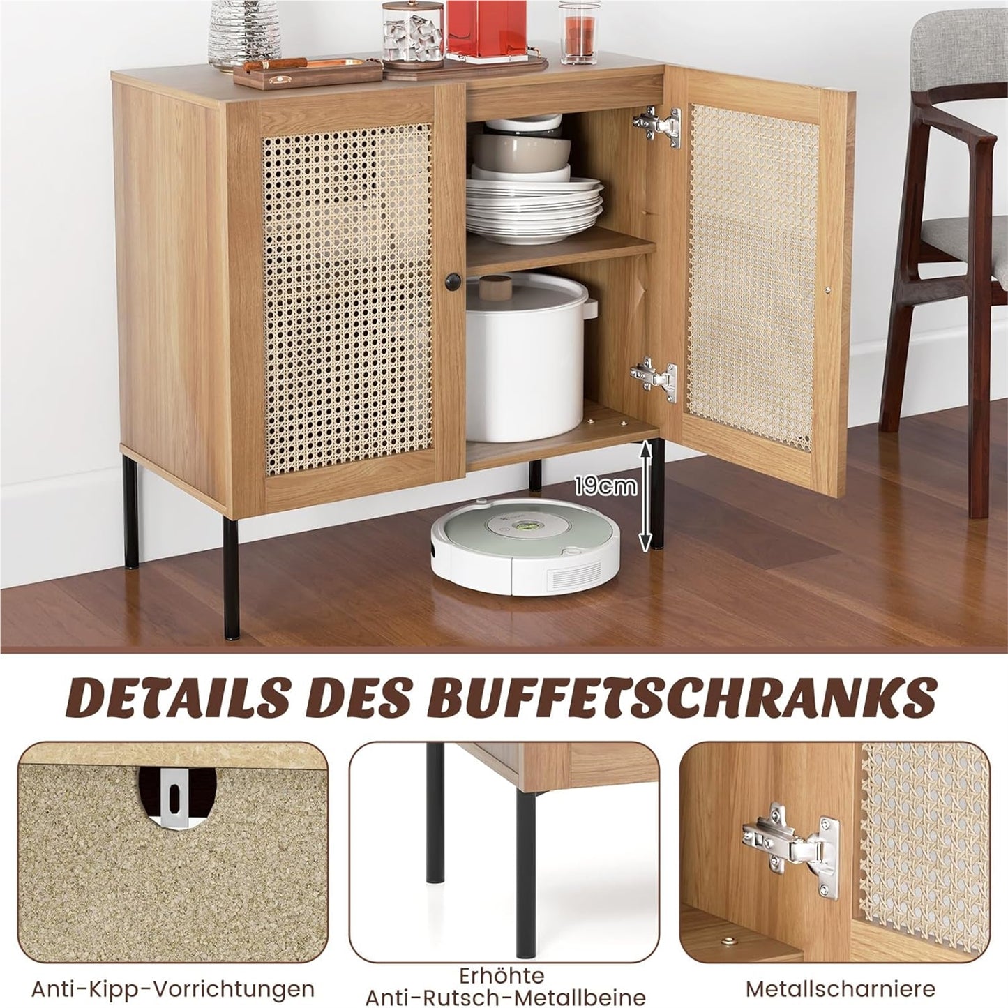 Dressoir – Sideboard – Kast – Buffetkast – Opbergmeubel – Met 2 Rieten Deuren – Industrieel Design – 80x40x80 cm – Verstelbare Planken – Houten Werkblad Eikenhout