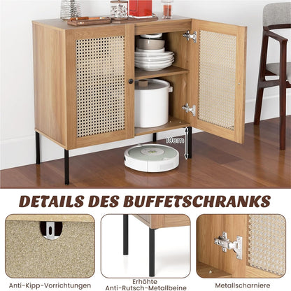 Dressoir – Sideboard – Kast – Buffetkast – Opbergmeubel – Met 2 Rieten Deuren – Industrieel Design – 80x40x80 cm – Verstelbare Planken – Houten Werkblad Eikenhout