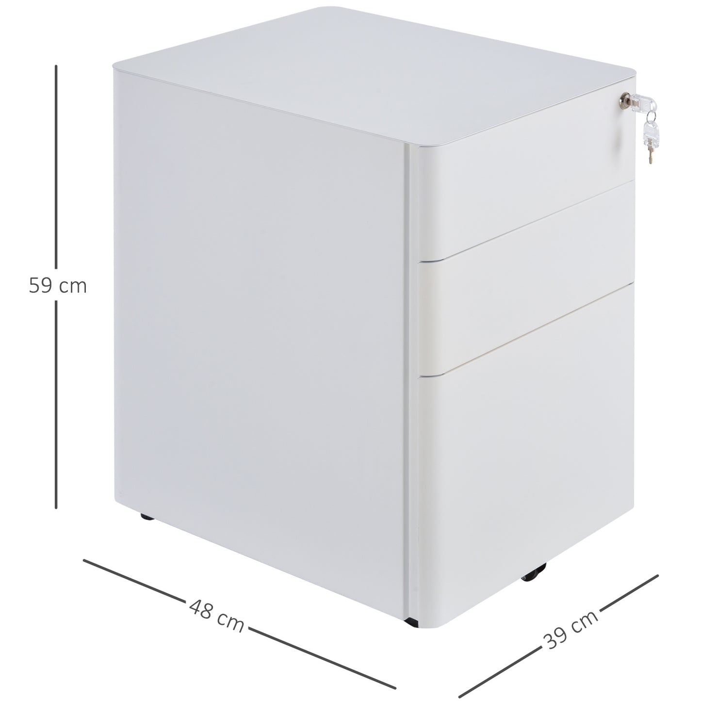 Office Opbergkast – Bureaublad Ladenkast – Archiefkast – Ladeblok – Schuifladenkast – 3 Slotbare Lades – Wit Stalen Materiaal – 39x48x59 cm