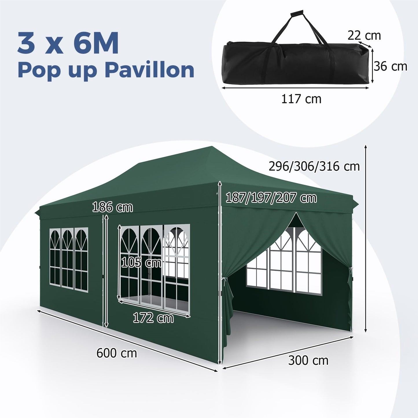 Paviljoen – Tuinpaviljoen – Partytent – Tent – Overkapping – Waterdicht – UV Bescherming 50+ – 3 x 6 Meter – Inclusief 6 Zijwanden en Zandzakken – Groen