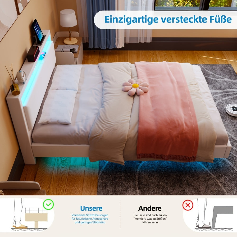 Zwevend Bedframe – Modern Bedframe – Platformbed – Led Bed – Gestoffeerd Bed – Queen Size – Usb Led Verlichting – PU Hoofdsteun
