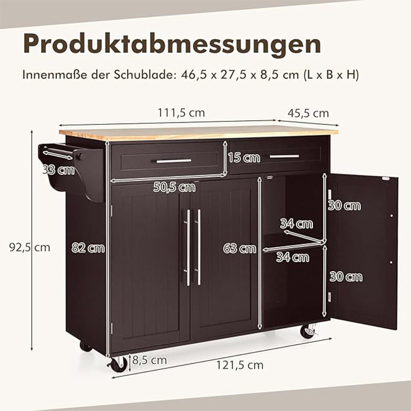 Keukentrolley – Keukenwagen – Servierwagen – Werktafel – Keukenkar – Houten Keukentrolley Met Wieltjes – 2 Schappen en 2 Lades – Verstelbare Plankniveaus – Compacte Afmetingen 122x46x93 cm