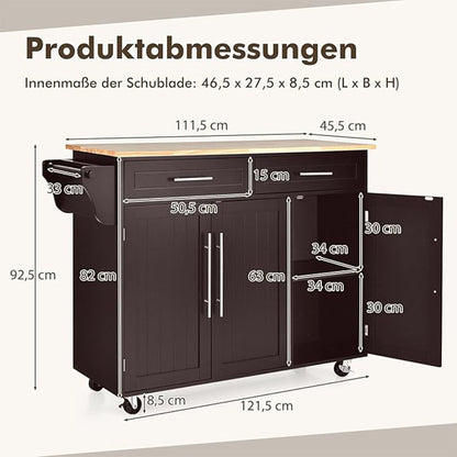 Keukentrolley – Keukenwagen – Servierwagen – Werktafel – Keukenkar – Houten Keukentrolley Met Wieltjes – 2 Schappen en 2 Lades – Verstelbare Plankniveaus – Compacte Afmetingen 122x46x93 cm