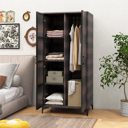 Tuinkast – Opbergkast – Tuinkist – Buitenkast – Bergkast – Rattan Tuinkast – Weerbestendig – Met Kledingroede 72x50x157 cm Bruin