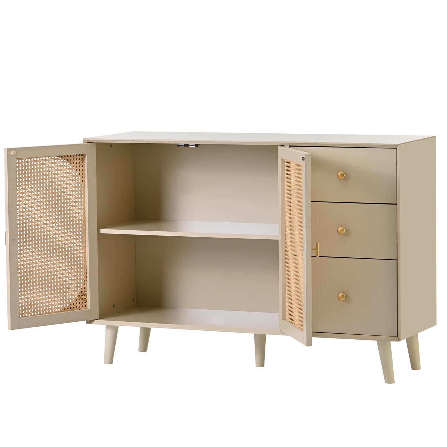 BTM Sideboard Storage Cabinet 120X40X82.5Cm, Off-White Cream with Rattan Fronts, 2 Doors & 3 Drawers, Wood Look, Modern Design for Living Room & Dining Room
