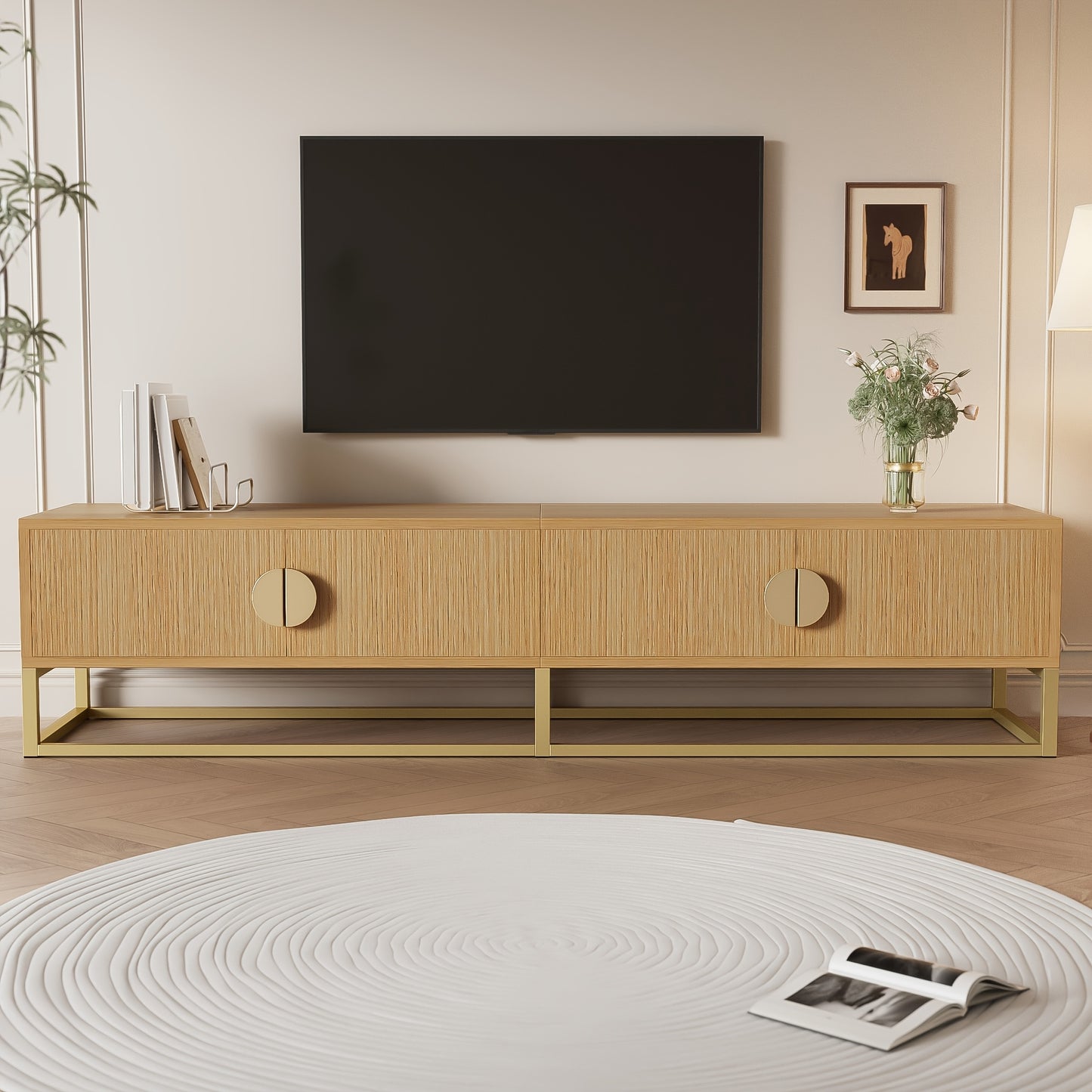 180cm Woodgrain TV Cabinet - Modern Dining Room Cabinet, 4 Doors, Semi-circular Pulls