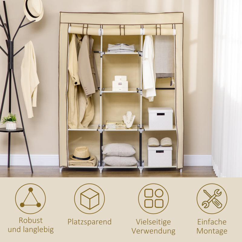 Stoffen Kledingkast – Opbertkast – Garderobekast – Kledingrek – Kledingopslag – Beige – Ruim Met 8 Planken & 2 Hangroedes – Stofwerend Non-Woven Materiaal