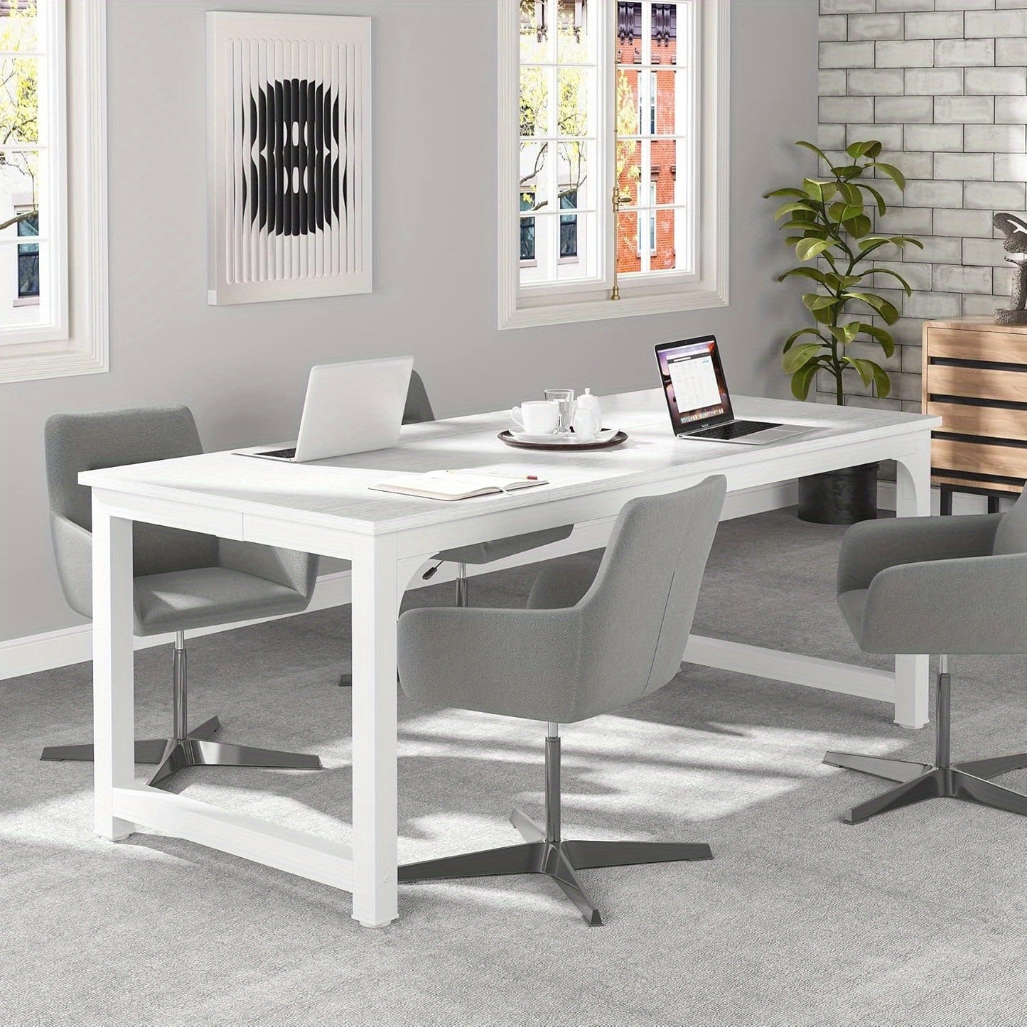 63-Inch Executive Desk, Large Office Computer Workstation with Thicken Frame in White for Home Office