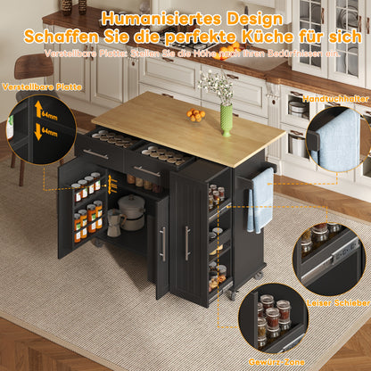 Keukenwagen – Keukentrolley – Keukenkar – Serveerwagen – Mobiele Keukenhulp – Zwart – Uitklapbaar Werkblad 120×65 cm – 3-Laags Uittrekbare Organizer Met 2 Lades