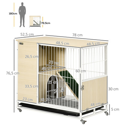 Konijnenkooi – Houten Dierenhok – Knaagdierkooi – Dierenverblijf – Kooi Met Wielen – Met Openend Dak – Platformen Met Verwijderbare Lade – 78 x 52,5 x 76,5 cm – Natuurlijk Hout