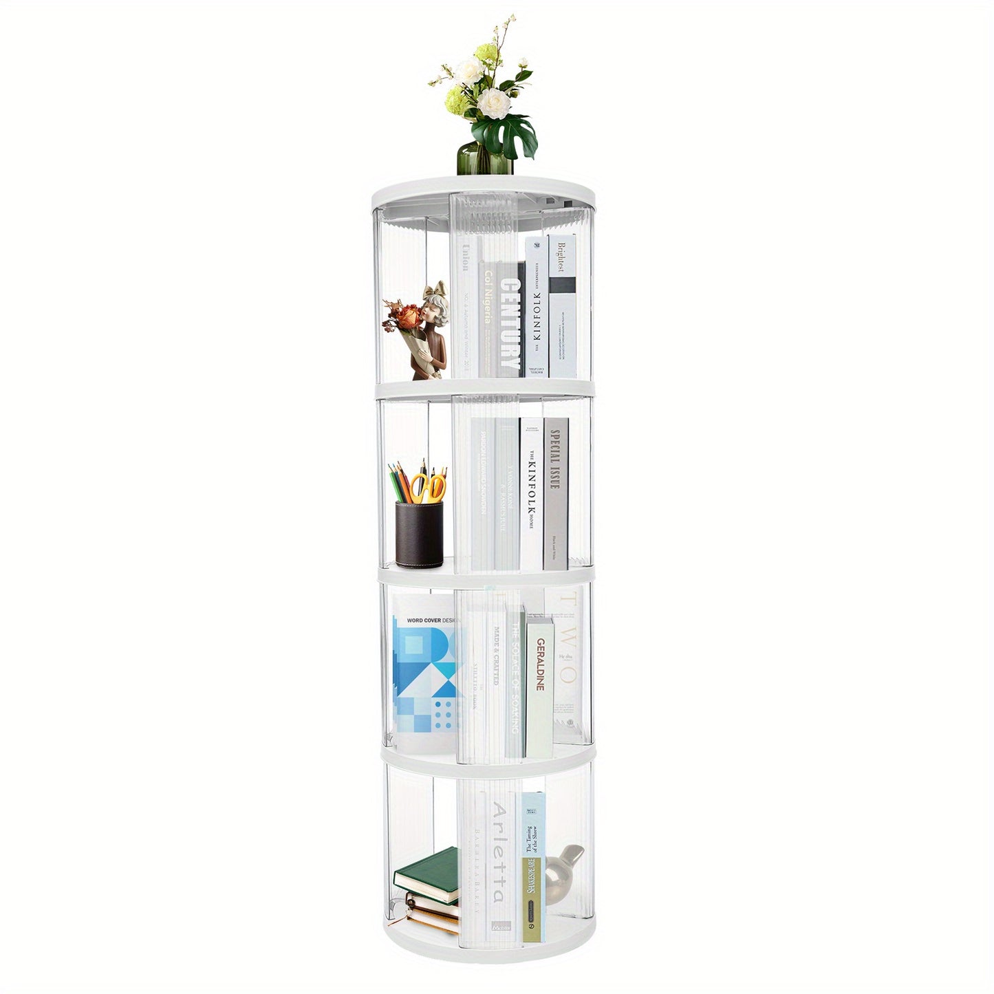 Boekenrek – Boekenkast – Boekenplank – Opbergkast – Boekenstandaard – Draaibaar 360° – Ruim 4-laags – Duurzaam ABS & PET – Compact en Stijlvol – Wit