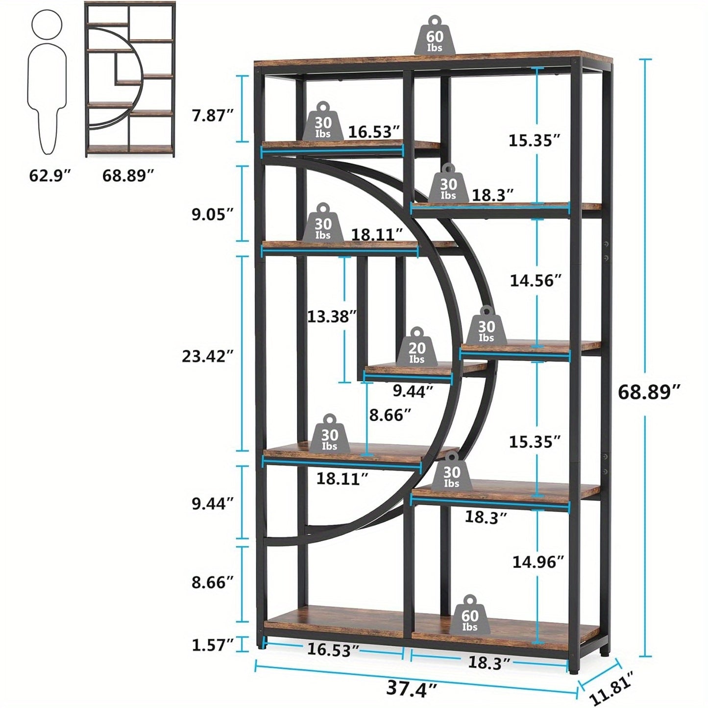 Industriële Boekenkast – Boekenkast – Open Kast – Etagère – Boekplank – 9 Open Planken – MDF Hout Met Zwart Metaal – Halfrond Ontwerp – 27 kg Draagkracht Per Plank