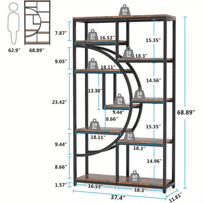 Industriële Boekenkast – Boekenkast – Open Kast – Etagère – Boekplank – 9 Open Planken – MDF Hout Met Zwart Metaal – Halfrond Ontwerp – 27 kg Draagkracht Per Plank