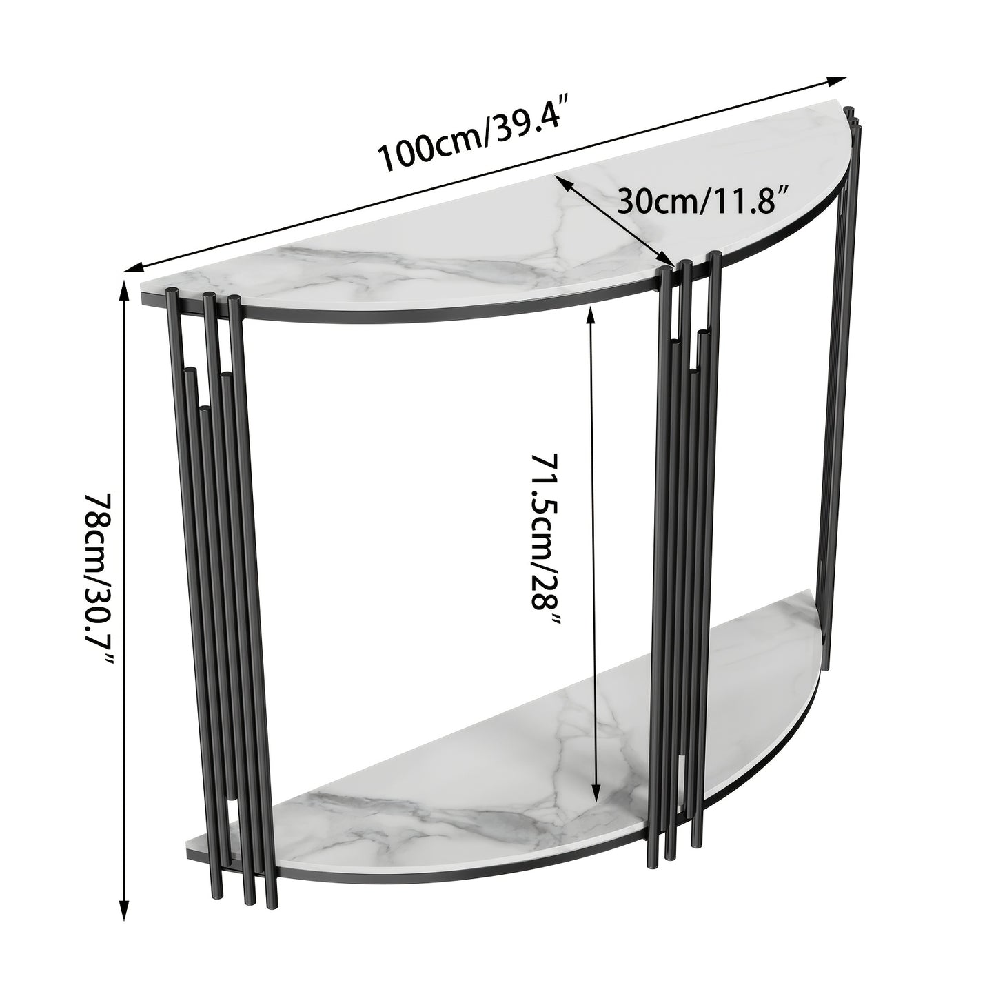 Sidetable – Haltafel – Sofa Tafel – Bijzettafel – Accenttafel – Halfrond Design – Gelaagd Met Sintersteen – 100x30x78 cm – Modern Minimalistisch – Zwart Metaal Frame