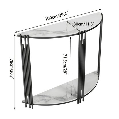 Sidetable – Haltafel – Sofa Tafel – Bijzettafel – Accenttafel – Halfrond Design – Gelaagd Met Sintersteen – 100x30x78 cm – Modern Minimalistisch – Zwart Metaal Frame