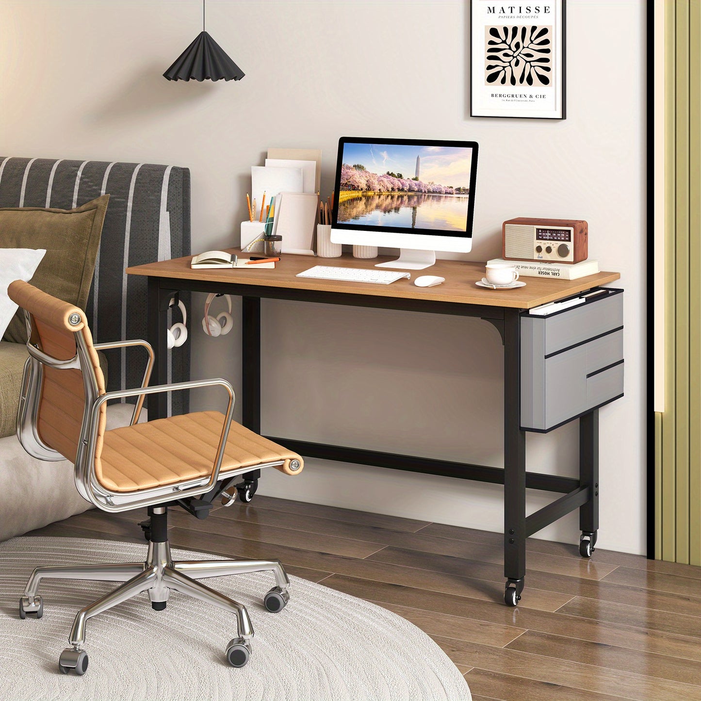 Bureautafel – Computerbureau – Computertafel – Laptoptafel – Werktafel – Mobiel met Wieltjes – 120x60 cm – Houtkleur Met Metaal