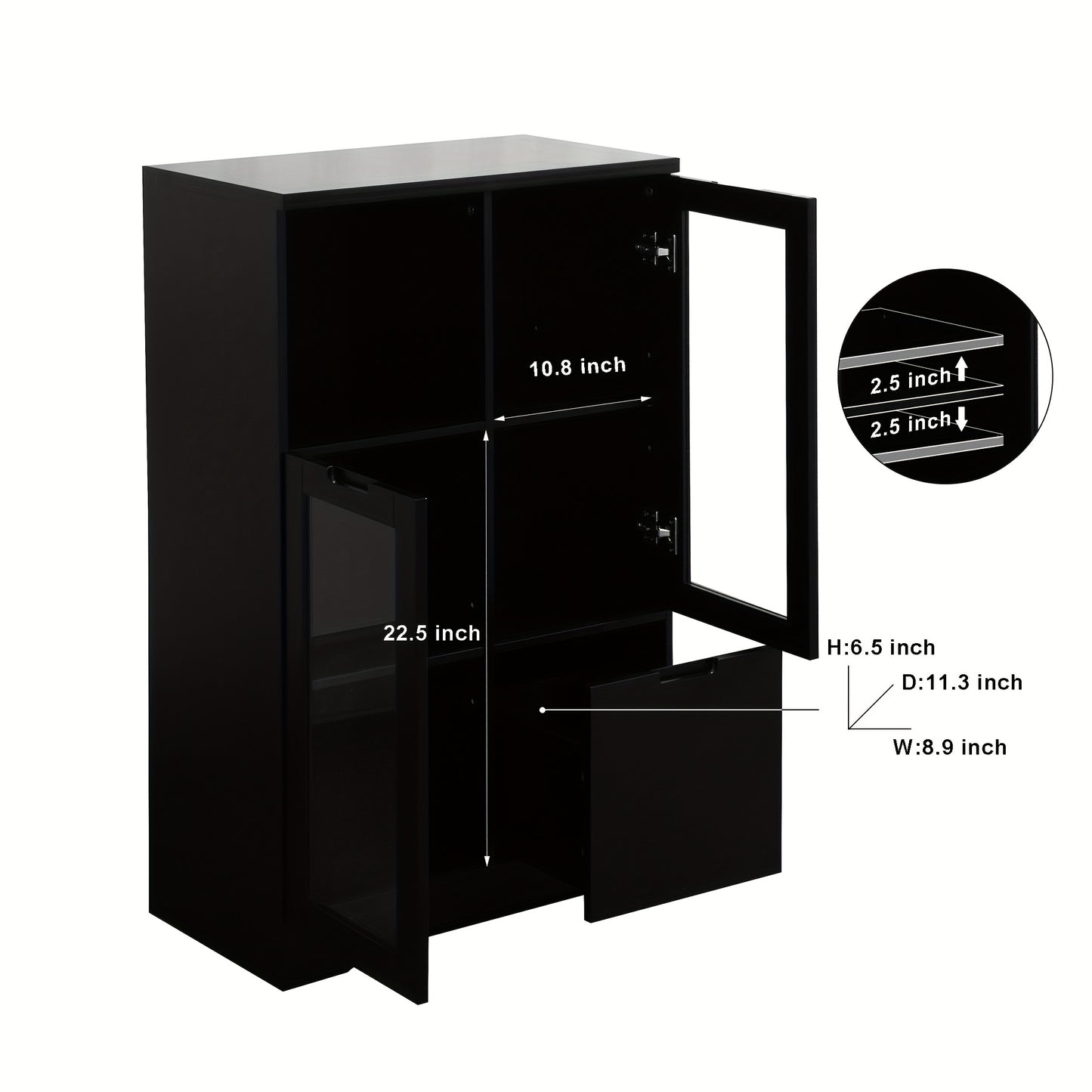 Modern Black MDF Wardrobe with Glass Doors & Drawer - -Standing Tall Cabinet, Open Shelving & Closed Storage (≥3.2 Cu Ft), Self-Assembling Particle Board Dresser for Bedroom/Living Room, 68.58cm+ Height, Wood-Free MDF, Base