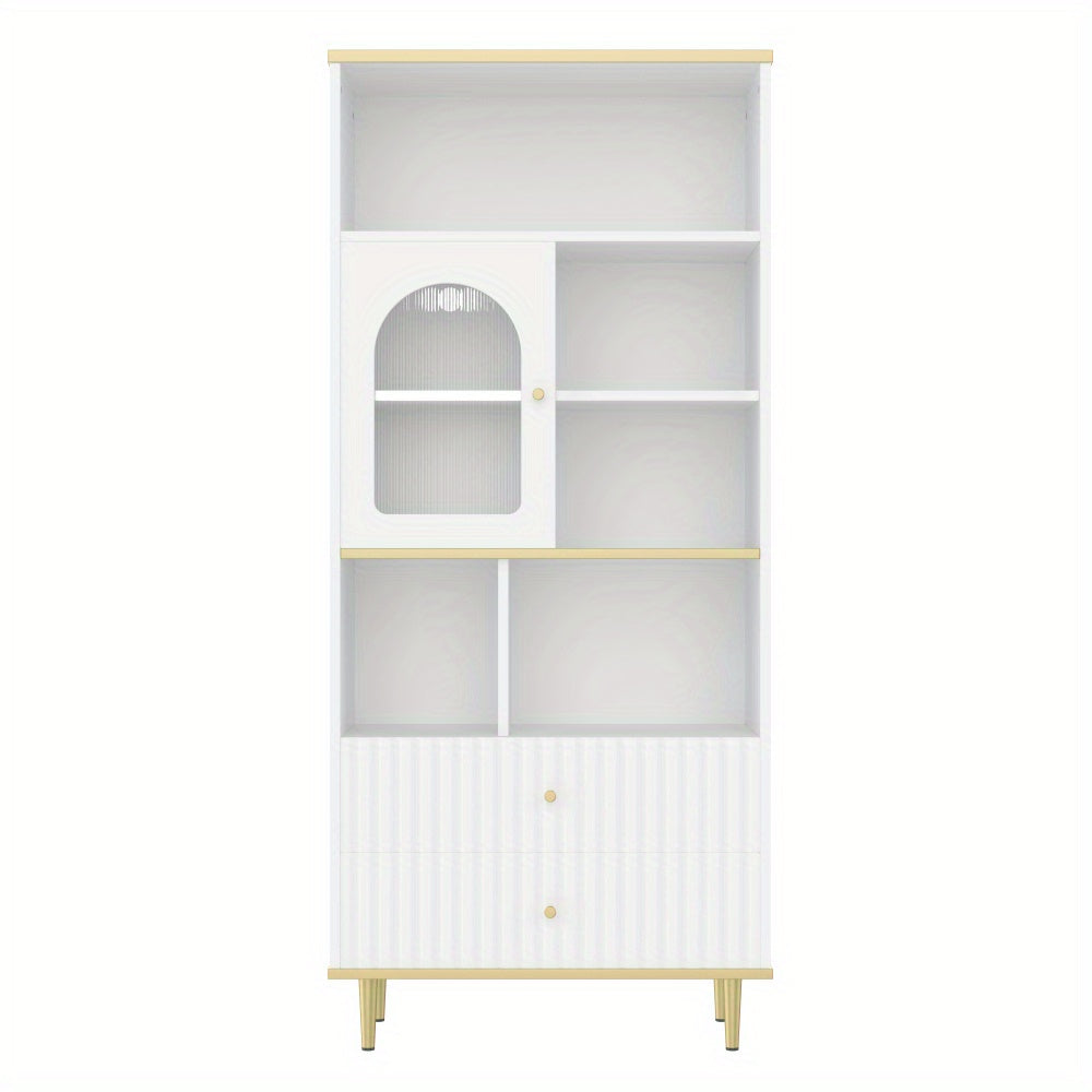 Boekenkast – Boekenrek – Opbergkast – Vakkenkast – Stellingkast – Wit – Transparante Deuren – Geruisloze Laden – 78x36x180 cm – Metalen Voet – Vrijstaand Design