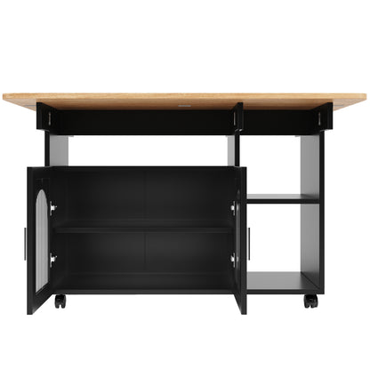 Keukenwagen – Keukentrolley – Serveerwagen – Opbergmeubel – Uitklapbare Tafel – Zwart Hout – Multifunctioneel Met 5 Wieltjes – 120x30/70x79,5 cm