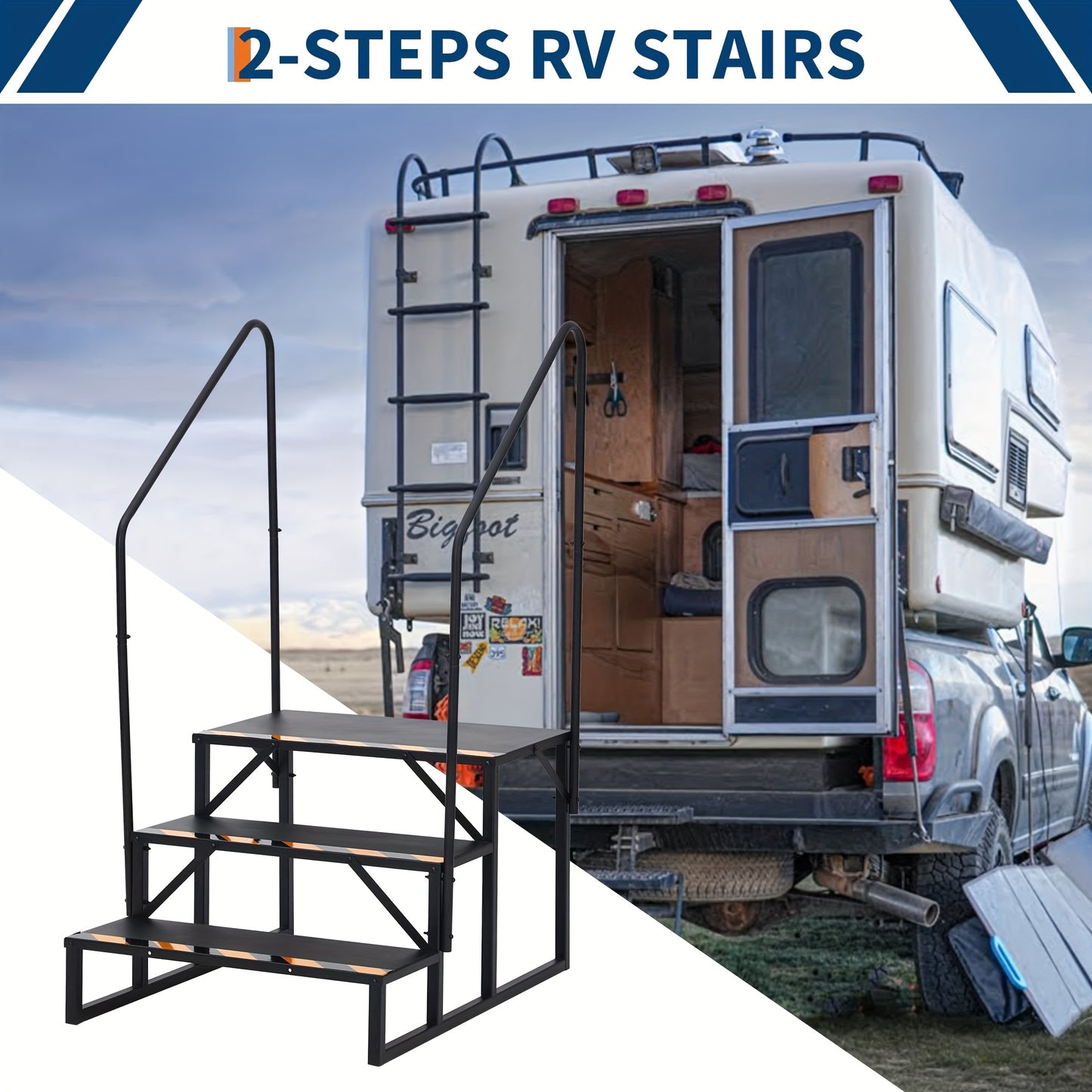 3-Step Heavy Duty RV Steps with Handrail - Non-Slip Wide Base & Sturdy A-Frame Ladder, Portable Outdoor/ Stairs for RV, Travel Trailer, Hot Tub, Pool, Trampoline - Step Ladder with Non-Slip Treads (No Power Required)