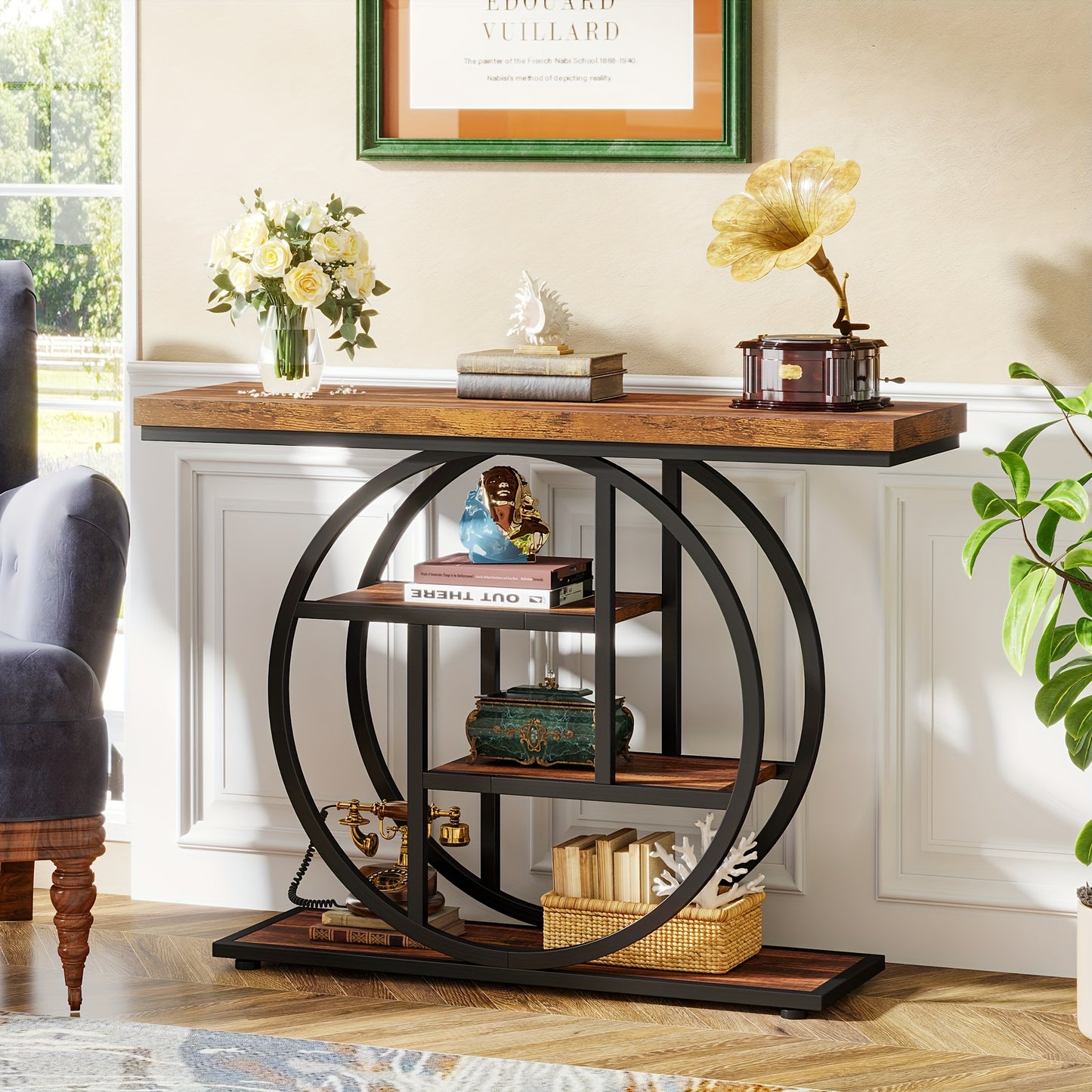 Console Tafel – Sidetable – Opbergtafel – Haltafel – Bijzettafel – Smal 105 cm – Ronde 4 Lagen – Natuurlijke Houtlook – Duurzaam MDF