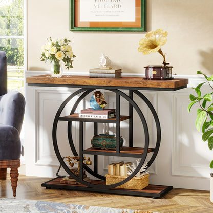 Console Tafel – Sidetable – Opbergtafel – Haltafel – Bijzettafel – Smal 105 cm – Ronde 4 Lagen – Natuurlijke Houtlook – Duurzaam MDF