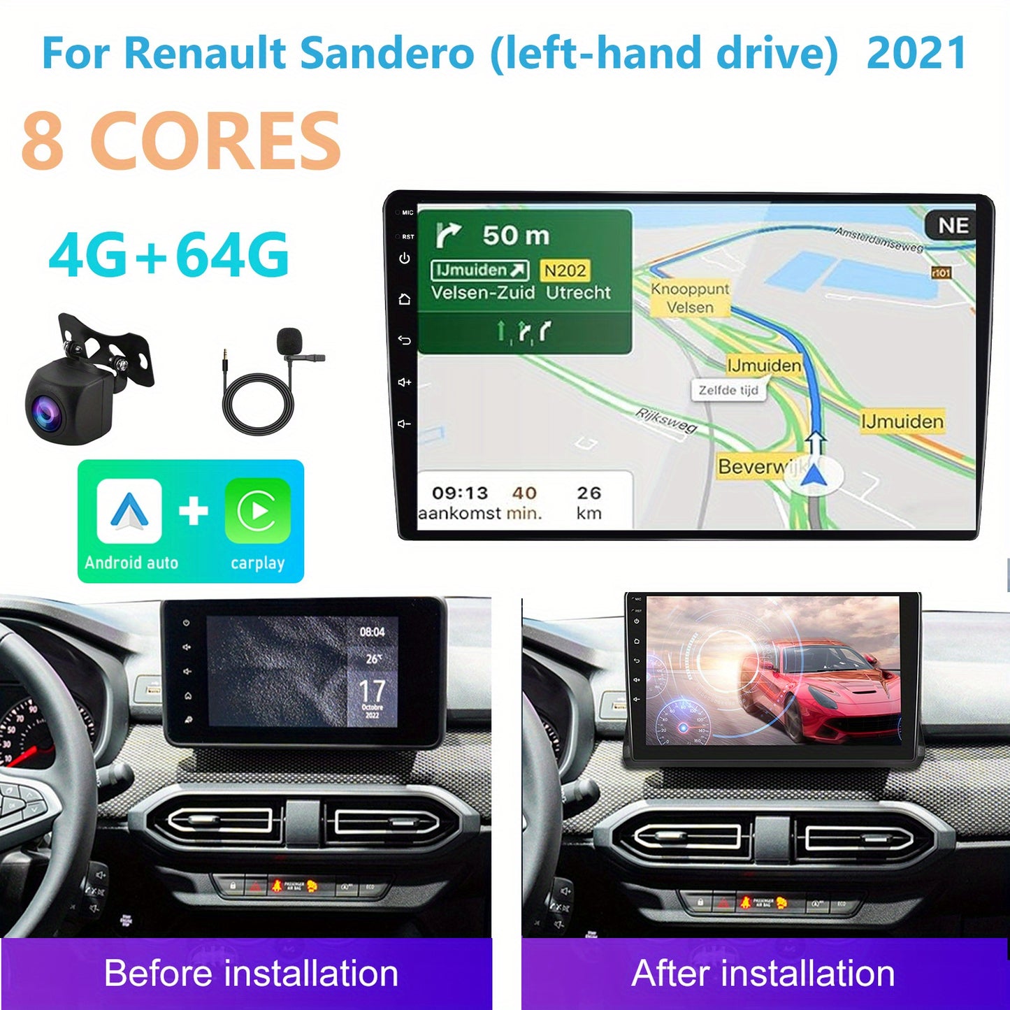 Autoradio – Multimedia Systeem – Navigatie – Car Stereo – Auto Radio – 25,65 cm Touchscreen – 8-Kern Processor met 4G+64GB – Draadloos CarPlay & Android Auto