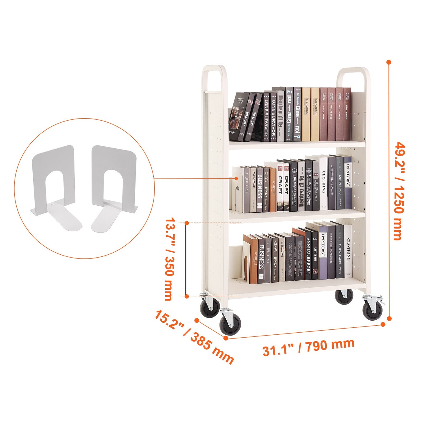 Boekwagen – Boekenwagen – Transportwagen – Bibliotheekwagen – Karretje – Stevige Koolstofstaal Constructie – 150 kg Draagkracht Met 360° Zwenkwielen en Remfunctie