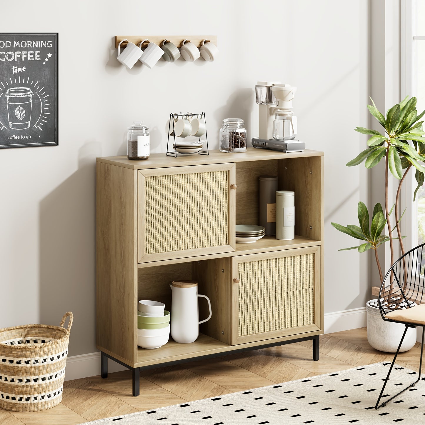 Wicker Opbergkast – Wicker Kast – Opbergmeubel – Keukenkast – Dressoir – Compacte Afmetingen 102x30x95 cm – Duurzaam Wicker Met Metaal