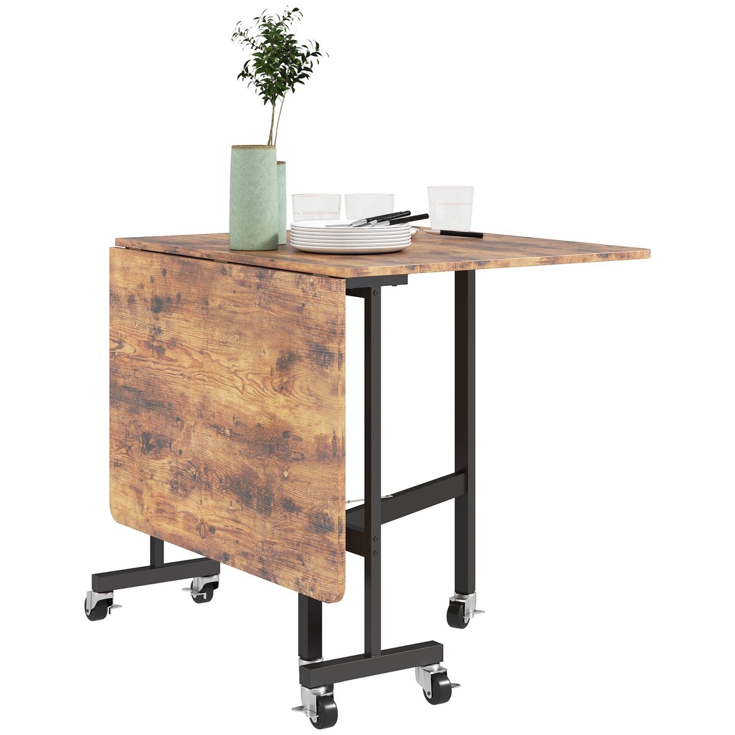 Uitschuifbare Eettafel – Inklapbare Tafel – Vouwtafel – Keukentafel – Rustiek Bruin – Ruimtebesparend Design – Met Wieltjes En Remmen