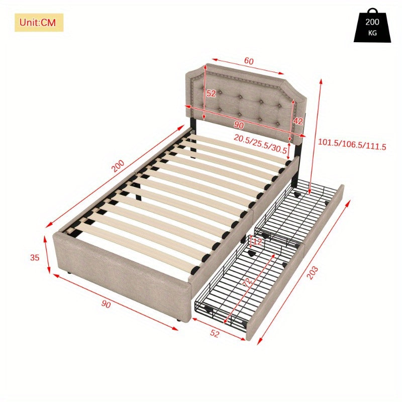 Bedtafel – Nachtkastje – Bedmeubel – Bedzijtafel – Opbergtafel – 90x200 cm – Donker Beige Met Dubbele Lades En Decoratieve Studs
