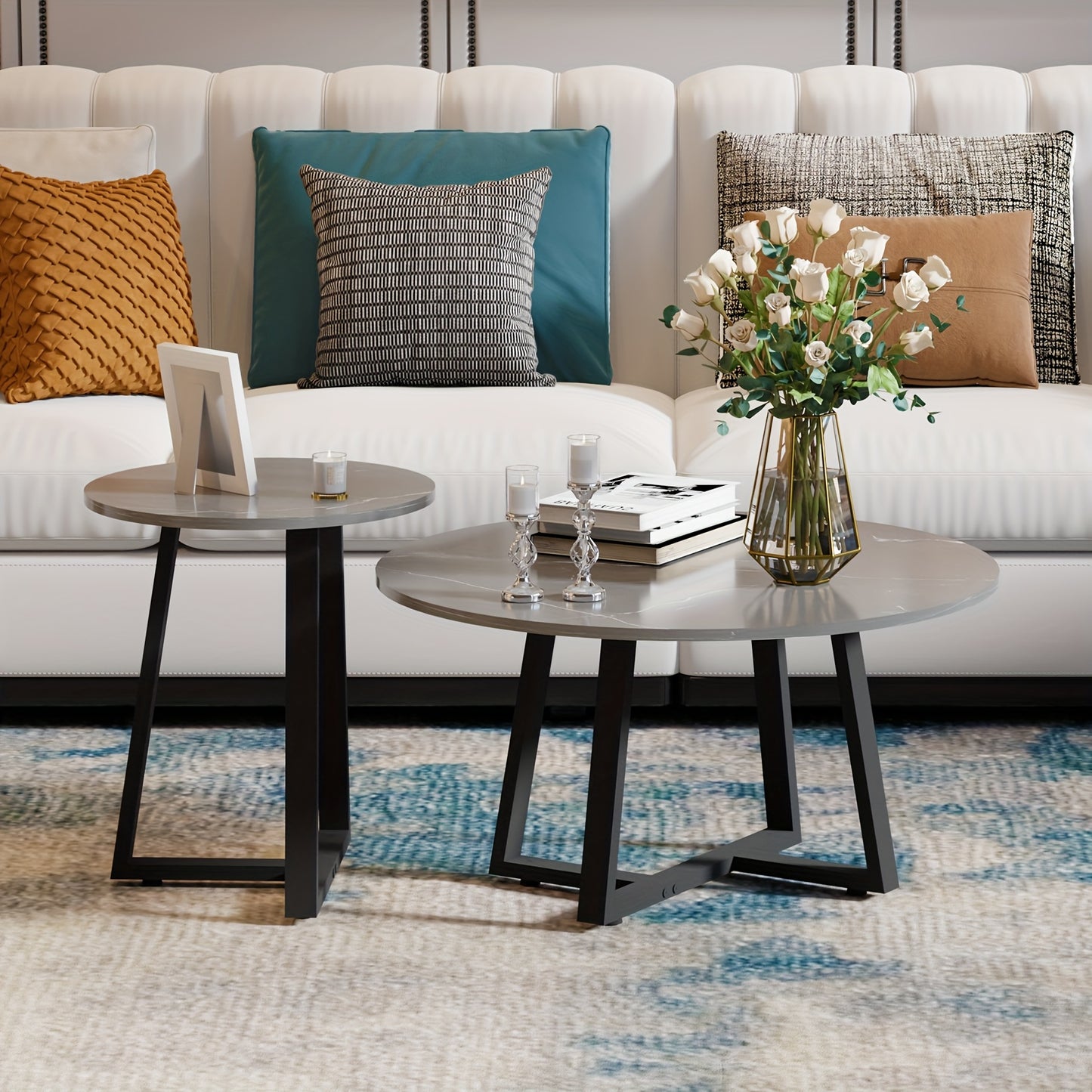 Bijzettafels – Salontafels – Side Tables – Tafeltjes – Nachtkastjes – Set Van 2 Ronde Tafels Zwart – Marmerlook Gesinterd Steen – Zwart Metaalframe