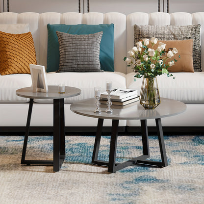 Bijzettafels – Salontafels – Side Tables – Tafeltjes – Nachtkastjes – Set Van 2 Ronde Tafels Zwart – Marmerlook Gesinterd Steen – Zwart Metaalframe