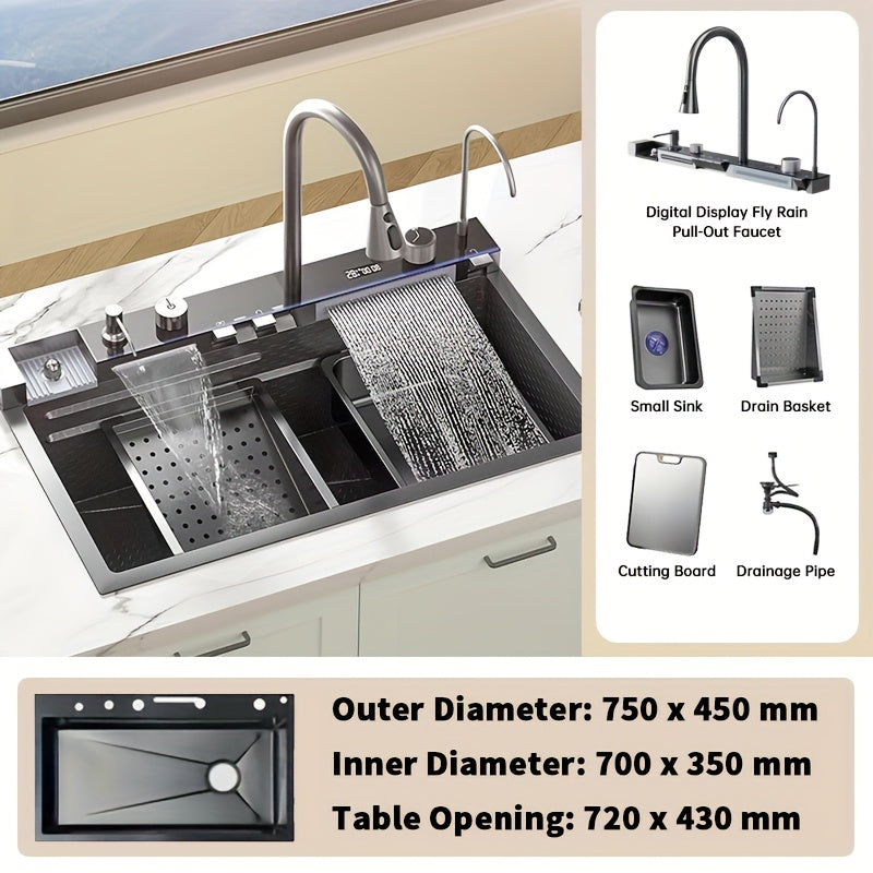 Spoelbakset – Keukenset – Spoelbak – Inbouwspoelbak – Keukenspoelbak – Digitale Watervalkraan – Rechte Afvoer – RVS 75x45 cm Gunmetal Grijs