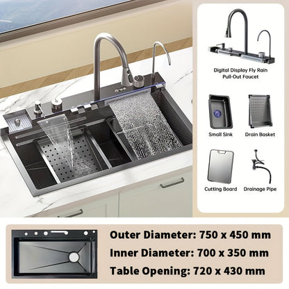 Spoelbakset – Keukenset – Spoelbak – Inbouwspoelbak – Keukenspoelbak – Digitale Watervalkraan – Rechte Afvoer – RVS 75x45 cm Gunmetal Grijs