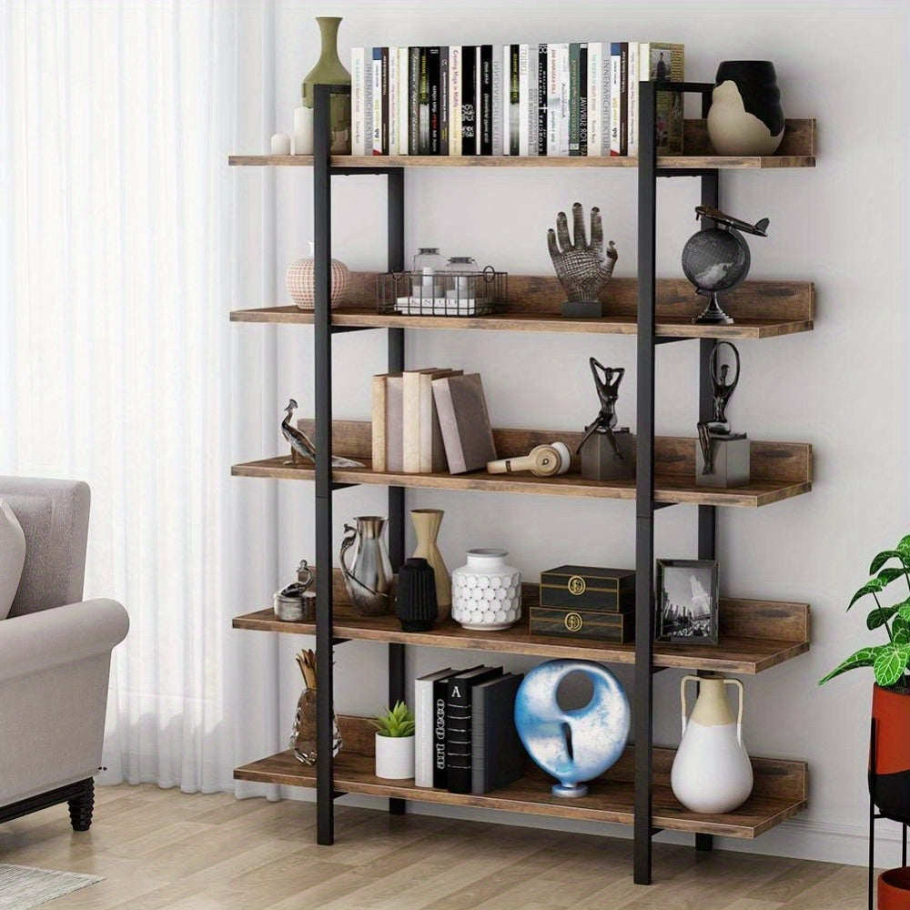 Industrieel Boekenkast – Open Kast – Opbergrek – Boekenplank – Stellingkast – Vintage Bruin – Stalen Frame – 5 Laags Met Kunststof Hout – Compact En Vrijstaand – Eenvoudige Montage