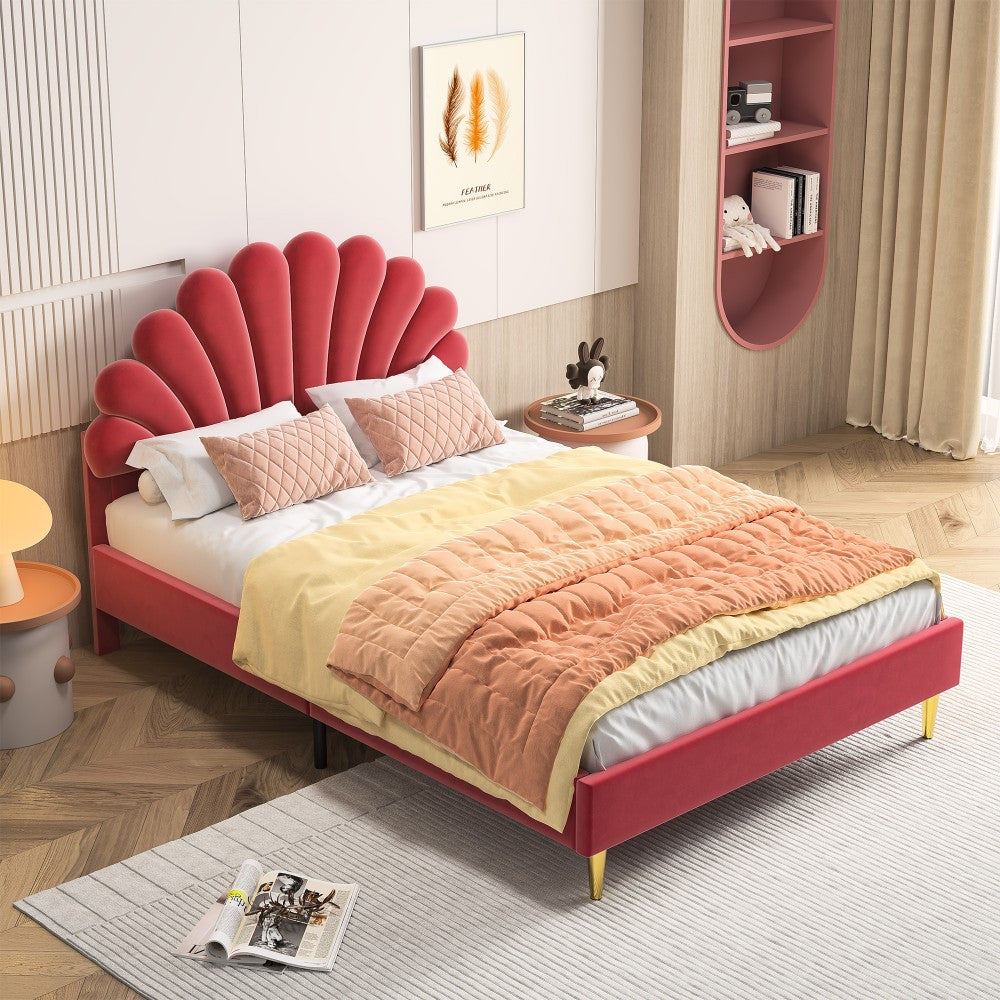 Tweepersoonsbed – Bedframe – Bed – Slaapbed – Lattenbodem – Fluwelen Bekleding – 140x200 cm – Gepolsterd Hoofdbord – Stabiel Houten Frame